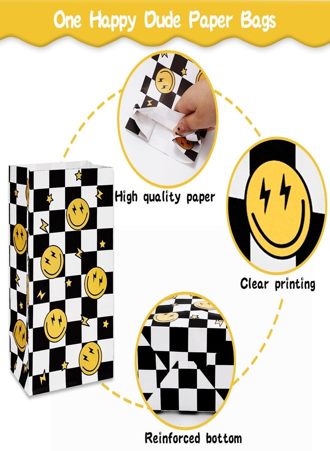 AnyDesign 24Pcs One Happy Dude Party Favor Bags - First Birthday Smile Face Paper Gift With Tag Sticker Decals - Checkered Goodie Treat for Baby Shower Birthday Party Supplies Gift Wrap - Image 3